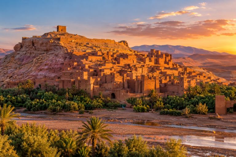 Ksar en pisé aux tours fortifiées, entouré de palmiers, au coucher du soleil