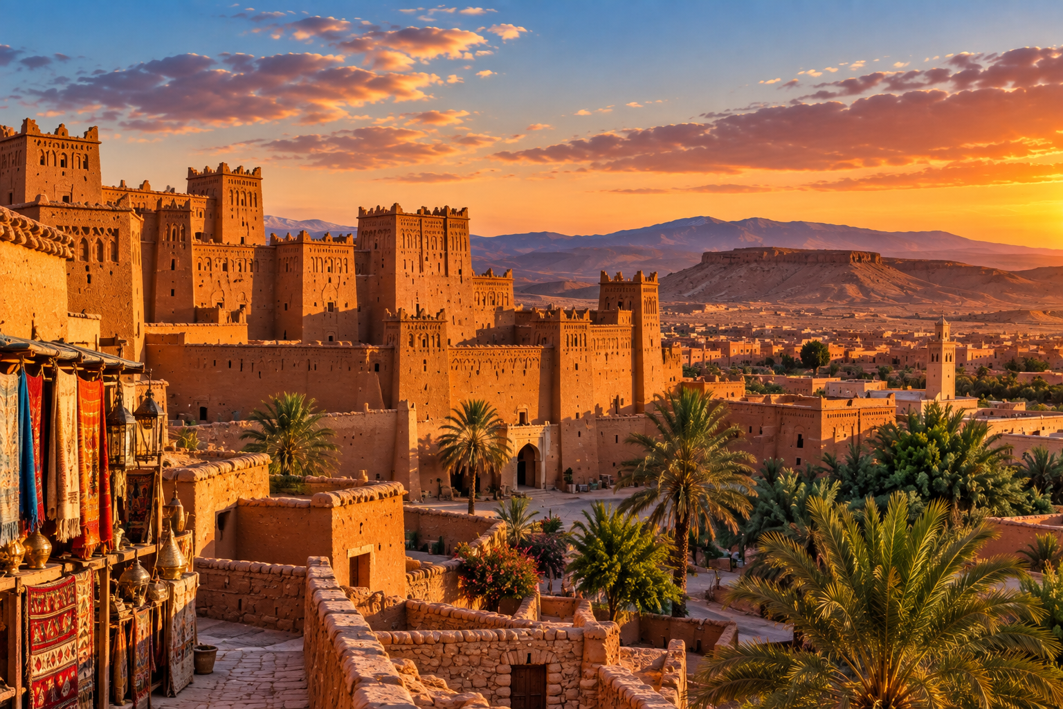 Kasbah en pisé aux tours fortifiées et ruelle avec échoppe de tapis, au coucher du soleil