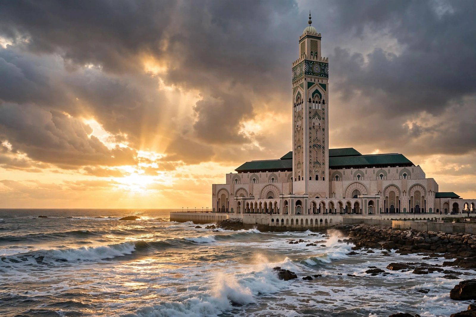 Mosquée Hassan II au bord de l’océan Atlantique, au coucher du soleil