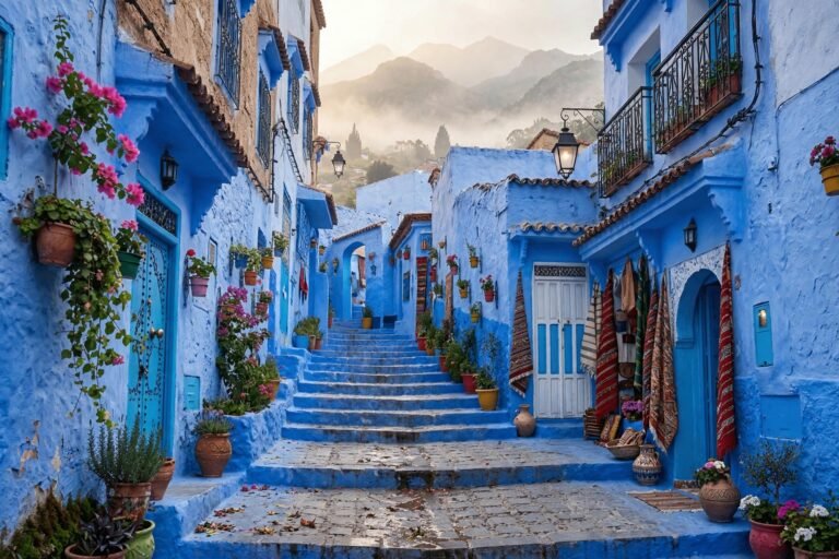 Ruelle bleue de Chefchaouen, avec un escalier et des pots de fleurs