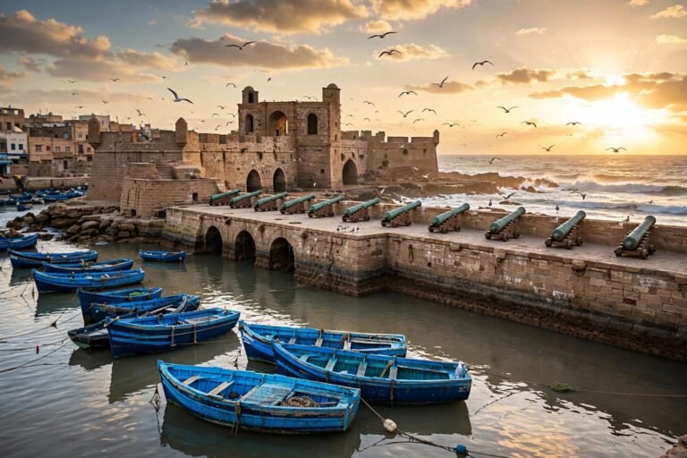 Remparts d’Essaouira avec leurs canons et barques de pêche bleues dans le port, au coucher du soleil
