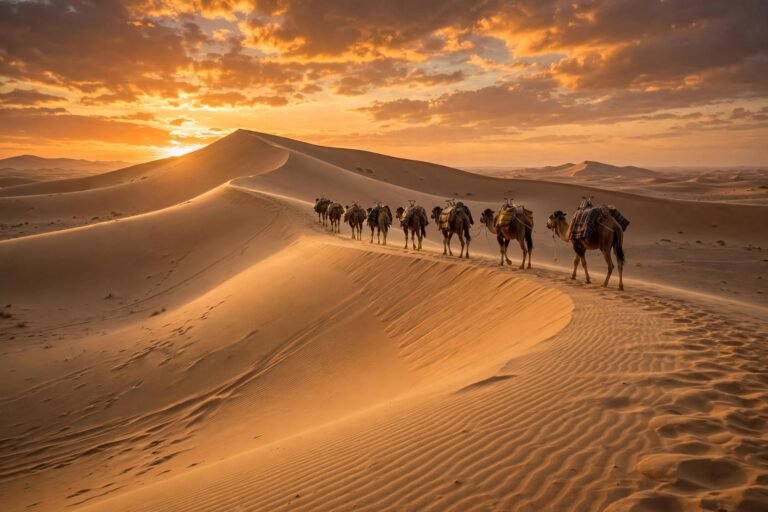 Dromadaires sur les dunes de sable du désert, au coucher du soleil
