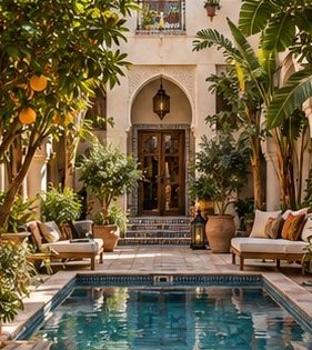 Patio de riad marocain avec piscine, orangers et salon extérieur