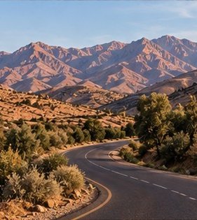 Route qui serpente entre les montagnes de l’Atlas