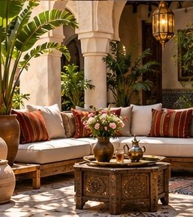 Salon de riad marocain avec banquettes, coussins et lanternes