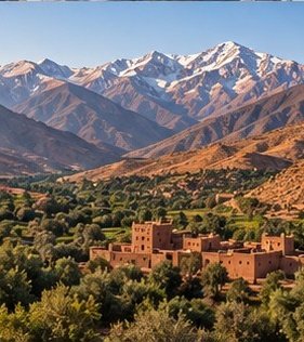 Sommets enneigés du Haut Atlas au-dessus d’une vallée et d’un village