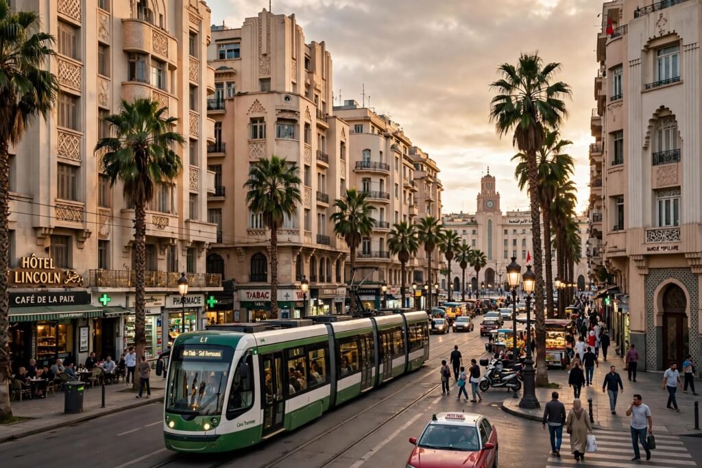 Tramway dans une avenue du centre de Casablanca, entre des immeubles de style Art déco et des palmiers