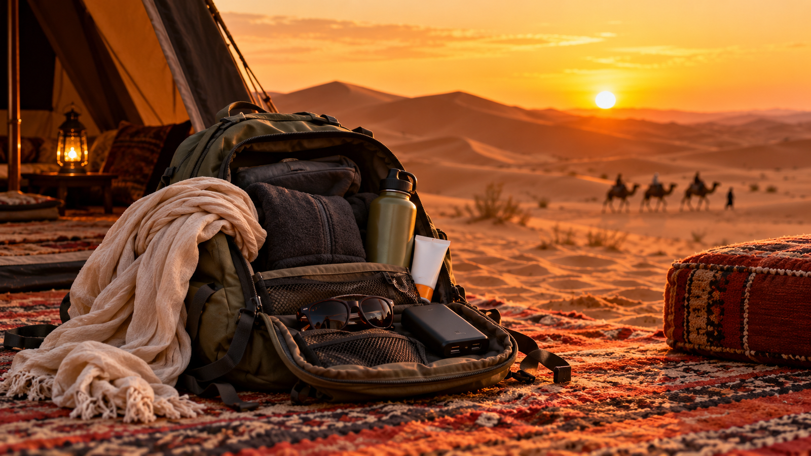 Sac à dos ouvert avec chèche, lunettes, gourde et batterie externe sur un tapis berbère devant une tente de bivouac dans les dunes au coucher du soleil