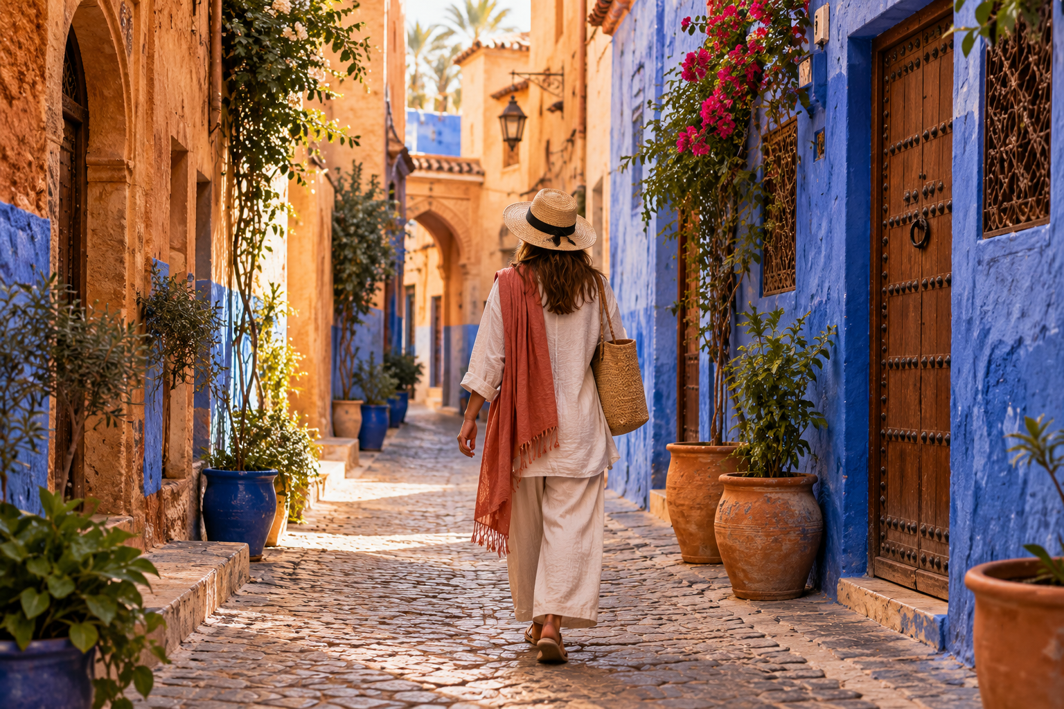Voyageuse en tenue légère et couvrante dans une ruelle de médina aux murs bleus et ocre