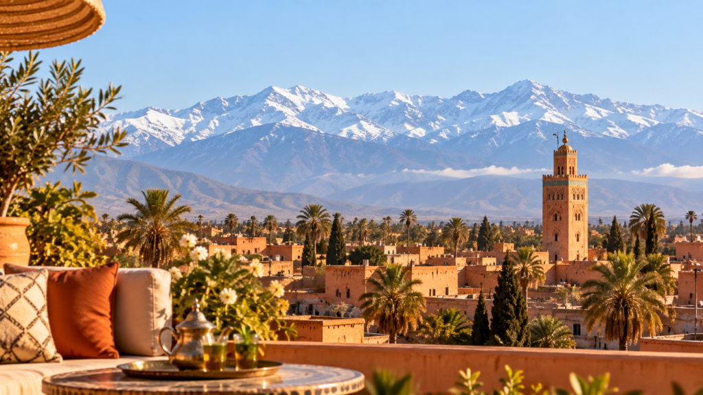 Terrasse de riad avec thé à la menthe face à Marrakech, au minaret et aux sommets enneigés du Haut Atlas
