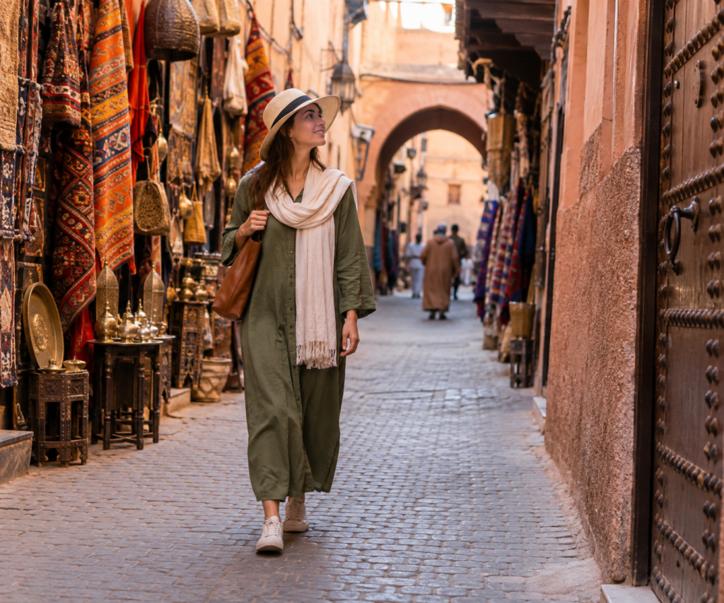 Voyageuse en robe longue, étole et baskets fermées marchant dans une ruelle de souk
