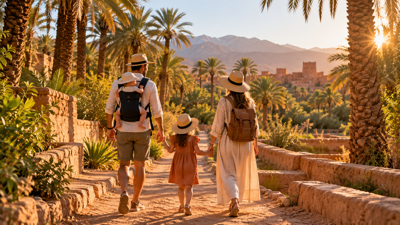 Famille avec deux enfants se promenant dans une oasis au coucher du soleil