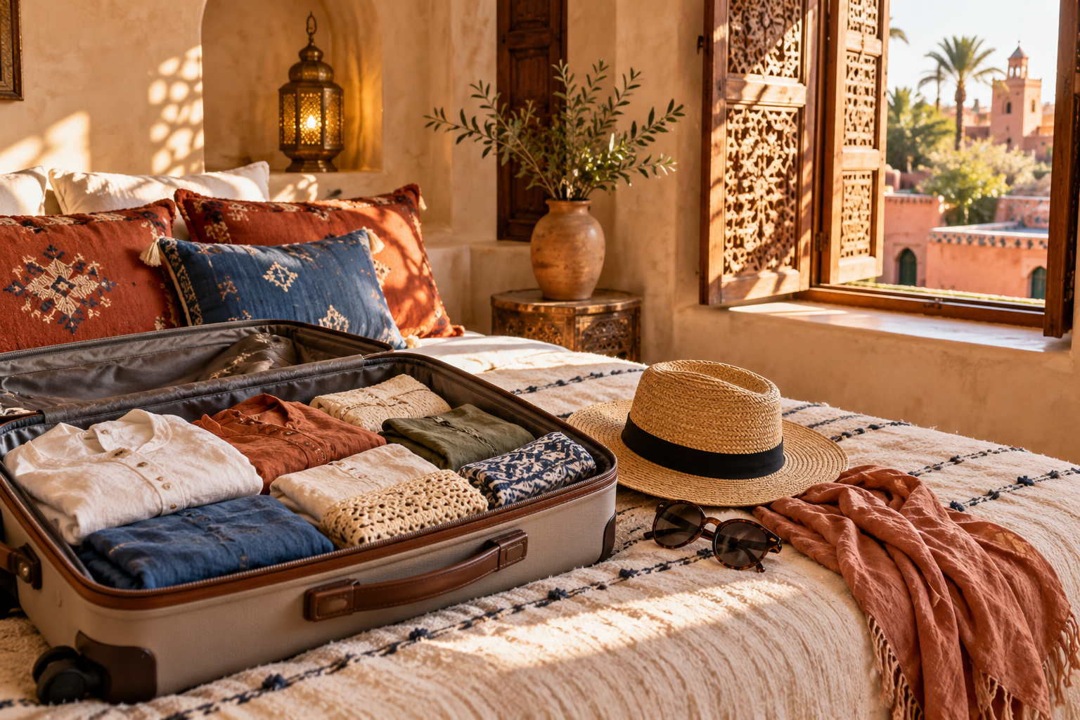 Valise ouverte avec vêtements pliés, chapeau de paille et étole sur le lit d’un riad