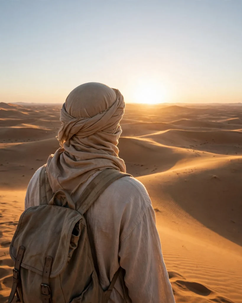 Voyageur vu de dos, la tête couverte d’un chèche, face aux dunes du désert au lever du soleil